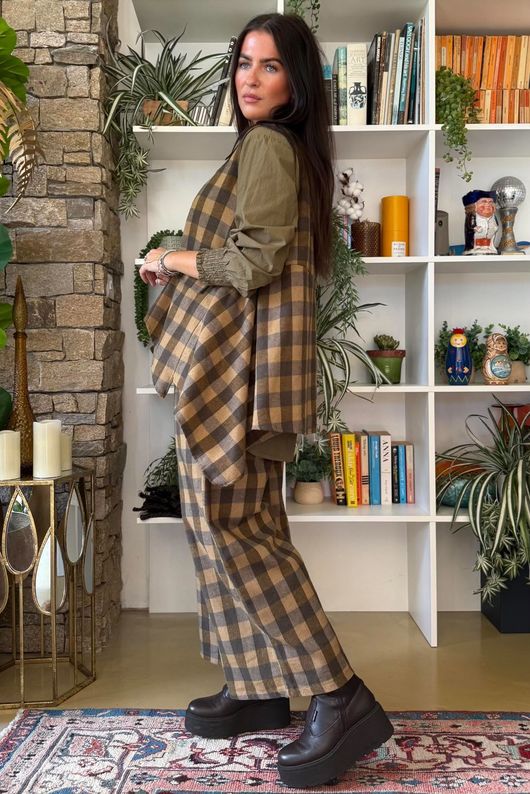 Nora Brushed Cotton Gingham Trapeze Waistcoat Deep Olive